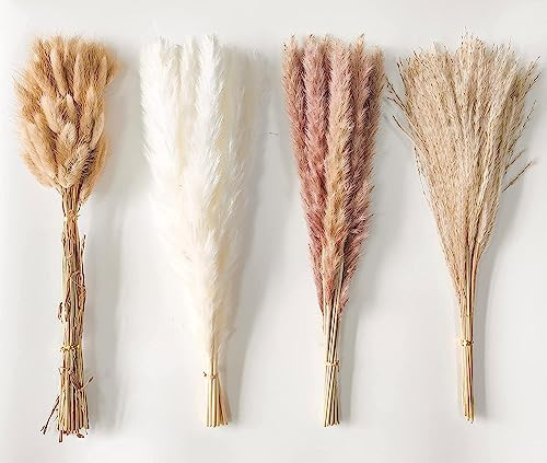 HanYun 110 Pcs Natural Dried Pampas Grass Bouquet, 45 cm, Tan, White, Brown, Boho Table Decor, Living Room, Bedroom, Wedding