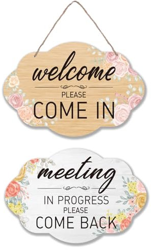 SUPERDANT 1 PCS Welcome and Meeting Wooden Signs Office Wall Decorative Double Sided Plaque Decor Meeting In Progress Wall-mounted Hanging Flower Wood Signs Wall Art Decor for Office Door Decor