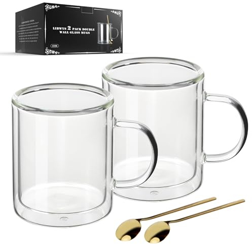 LIBWYS Juego de 2 vasos de doble pared para latte macchiato con asa (2 x 350 ml), vasos de cristal resistentes al calor con cuchara de acero inoxidable para café, té, bebidas calientes, zumos