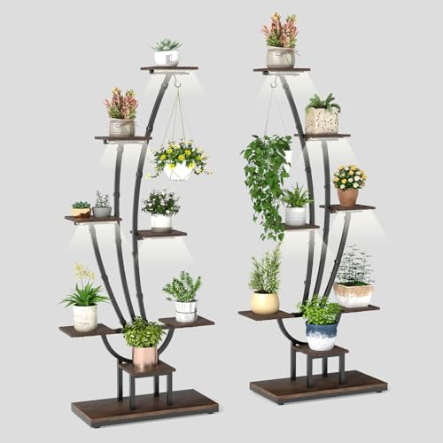 COSTWAY Support de Plante en Métal à 8 Niveaux, Étagère à Fleurs d'Intérieur avec Lampes à Lumières Réglables, Présentoir de Fleurs Décoratif pour Salon Balcon, 67 x 30 x 156 cm (2 pièces)