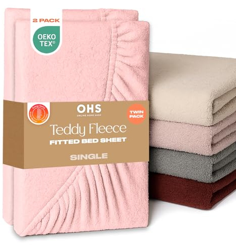 Brentfords 2 Pack Fitted Sheet Single, Teddy Fleece Fitted Sheet Bed Cover Deep Pocket 25cm Fluffy Bedding Fade Resistant Cuddly Cosy Teddy Bear Bedding, Pink - Single