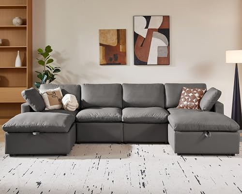 WEUP 130 Faux Leather Sectional Couch, U Oversized Shaped Modular Sofa, with Storage Ottoman, Scratch Resistant Leather Sofa, Spacious Deep Seat, Mid Century Modern Couches for Living Room,Grey
