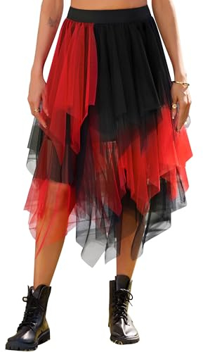 Lovasy Jupe Tulle Femme Mi Longue Jupe Tutu Asymétrique A-Line Taille Haute Élastique Robe Tutu pour Carnaval Halloween Daily Prom Party | Irrégulière, longueur genou, jupe de fête cosplay