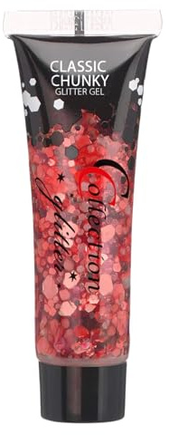 Cologne Collection Chunky Glitzer Gel für Gesicht & Körper 14ml – Dein ultimatives Festival & Karneval Make Up, selbstklebender Body Glitter für Damen & Herren in 7 Farben (Rot)