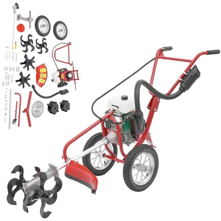 ROGONPDK Motozappa, 240 giri/min, 4 tempi, 3 in 1, 63 CC a benzina, microcoltivatore, 4 CV con ruote, fresa manuale da giardino, per fattorie, giardini e campi