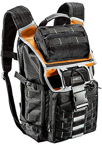 NEO TOOLS 84-304 Montagerucksack aus strapazierfähigem 600 D Polyester | 4 Außen- und 18 Innentaschen für Werkzeug | profilierte Tragegurte | Werkzeugrucksack mit Brustgurt und atmungsaktivem Rücken