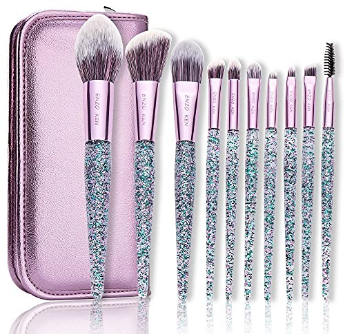 ENZO KEN Violet Ensemble de Pinceaux de Maquillage à Paillettes, Pinceaux à Ombre à paupières avec Sac de Voyage pour Contours du Visage, Sourcils, Blush, Nez, Bronzeur, Fond de Teint, Crème.
