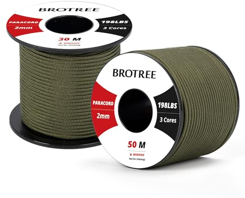 Brotree Paracord 2mm 50M 100% Nylon Seil mit 3 Kern Schnur für Outdoor, Armband, Hundeleine - Bruchlast 90kg (Armee Grün)