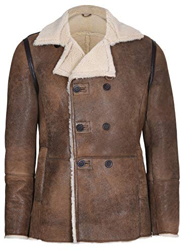 Infinity Leather Bräunen Deutscher Zweireiher aus Echtem Schaffell Lammfell Lederjacke Mantel XL