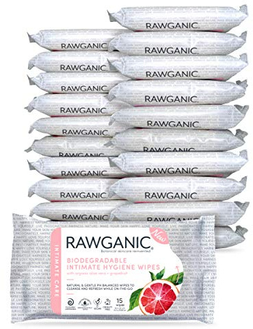 RAWGANIC Organic Intimate Hygiene Wipes | Hypoallergenic, Alcohol-Free, Flushable, Biodegradable Intimate Pre-Waxing Wipes | with Grapefruit and Aloe Vera | 20 Packs (300 Wipes in Total)