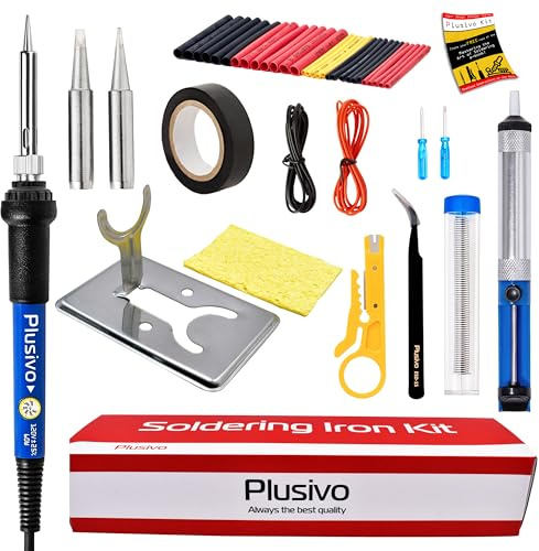 Plusivo Soldering Iron Kit, 60W Adjustable Temperature 15-in-1, Solder Wire, 2 pcs Tips, Fast Heating for Desoldering Electronics Repair Hobby DIY