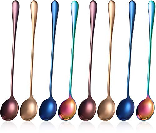 8 Pieces Long Handle Tea Spoon Stainless Steel Coffee Mixing Spoons Teaspoon for Mixing, Cocktail Stirring, Coffee, Milkshake, Cold Drink, 7.48 Inch (Round Style)
