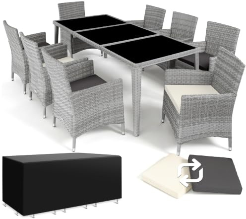 tectake® Conjunto Jardín Exterior de Ratán y Aluminio, Muebles Jardín Exterior Resistente a la Intemperie, 8 Sillas con Cojines, 1 Mesa con Cristal, 2 Juegos de Fundas y Funda Protectora - Gris Claro