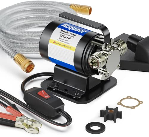 Acquaer Water Transfer Pump DC 12V 1/10HP Portable Electric Water Removal Utility Pump with Switch and Suction Hose Kit, Low Suction Water Removal for RV, Water Beds, Pools, Rain Barrel, Aquariums