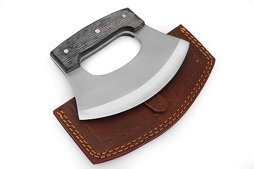 WARIVO KNIFE Handmade Ulu Knife Pizza Cutter Mezzaluna Knife with sheath Rocker Boning Knife for Slicing, Chopping, Camping, Outdoor, Kitchen