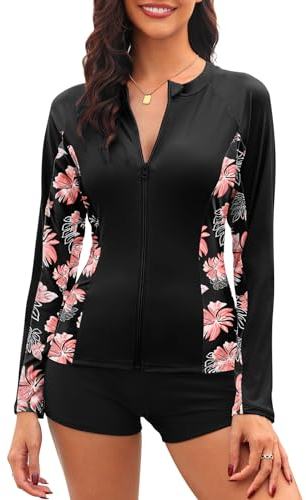 Tuopuda Schwimmshirt Damen Rash Guard Shirt Schnelltrocknend Sonnenschutz Swimsuits Reißverschluss Surf Shirt Schwimmen Bademode Schutzkleidung Beachwear Sommer Tops Oberteil, Schwarz-B, XXL