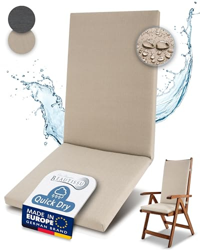 Beautissu Premium Cojín Silla Jardin con Respaldo Alto 100% Impermeable 120x50cm – Cómoda Fácil Cuidar Cojín Silla Exterior para Muebles Jardín – Acolchado Secado Rápido Beige