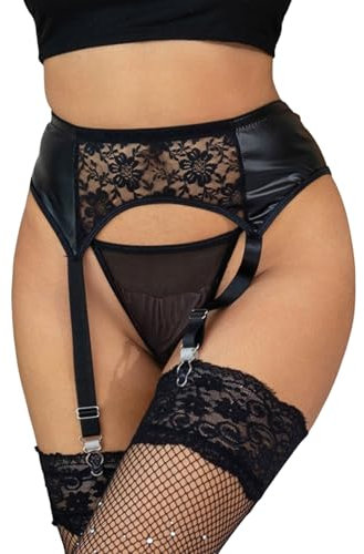 ohmydear Kunstleder Strumpfhalter Sexy Strapsgürtel Heiß Elastisch Strumpfband Große Größe Strapse Dessous Breiterer Straps Strumpfgürtel mit T-String Anti-Shedding 4 Clips