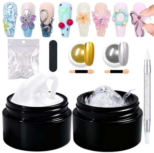 GZMAYUEN Gel 3D Nail Art Set – 2 pezzi trasparente bianco solido scultura Builder Gel di estensione per unghie costruzione, 2 pezzi polvere cromata per unghie oro argento