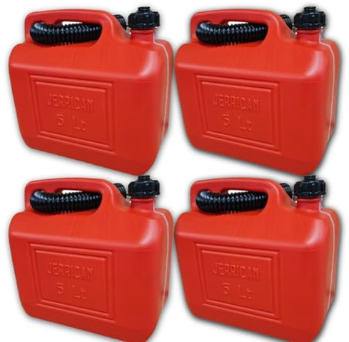 Bricoloco Garrafa para gasolina y líquidos 5, 10 o 20 litros – Fabricación Europea certificado y homologado – Tanque bidón combustibles rojo – Polietileno alta densidad (5 Litros (4 uds.))