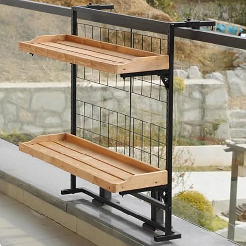 MARIYCH Supporto per vasi da fiori da appendere alla ringhiera del balcone, con ripiano in legno a 2 livelli e struttura in metallo, portavasi regolabile per esterni, finestre, verande, recinzioni