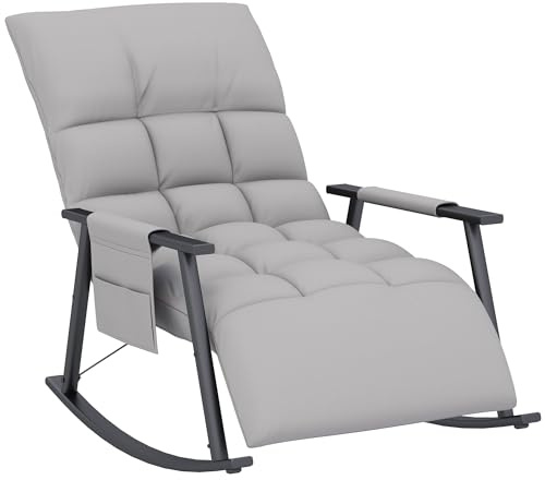 HOMCOM Silla Mecedora con Respaldo y Reposapiés Ajustables Mecedora Sillón Balancín con Bolsillo Marco de Acero Carga 120 kg para Dormitorio Salón Gris