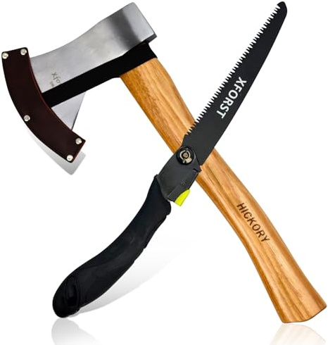 Forst Axt-Set X-UW800 + Klappsäge X-FS24 – Hochwertiges Forst- & Garten-Set | Beil mit Hickorystiel + Klappsäge 19,5 cm | Inkl. Scheide