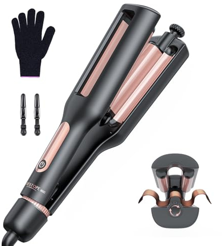 4 in 1 Adjustable Wave Curling Iron - 22/25/32/38mm Ionic Beach Waver Hair Curler with Ceramic Electrical Coating, Anti-Scald, 30S Heat Up, Digital Display, 4 Temperature(140°C-210°C), Black+Rose Gold
