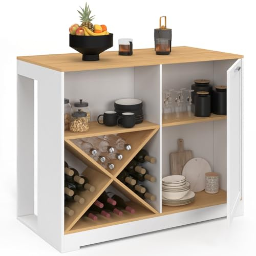 IDMarket - Table de Bar îlot VITO 113 cm avec Range-Bouteilles | Coloris bois blanc et plateau façon hêtre
