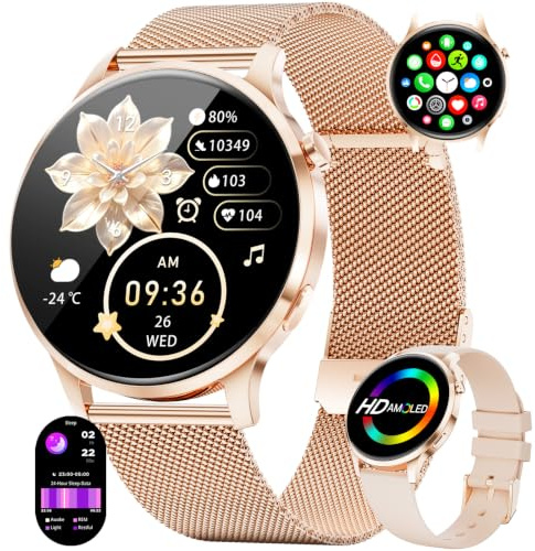HIRREO Montre Connectée Femme Ronde, Smartwatch Femme Ultrafin 7,99 mm 1,32 Écran Clair Appel Bluetooth, Montre Intelligente Santé Féminine Fréquence Cardiaque SpO2 Fitness Podomètre (Or Rose)