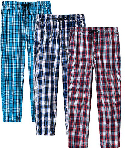 MoFiz Hombre Pantalón de Pijama Largo Casual Patalones a Cuadros de Algodón con Bolsillos 3 Pack-C M