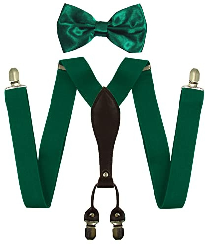 HANERDUN Elegante Conjunto Tirantes Pajarita Hombre En Forma de Y Elástica y Ajustable 4 Clips Metálicos Muy Resistentes Hombres de Hasta 2 m de Altura (Verde Oscuro)