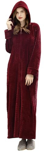 ZFSOCK Peignoir Femme Polaire à Capuche Hiver Robe de Chambre Fermeture à glissière Peignoir de Bain Longue Douce Microfibre Flanelle Robe de Nuit(S-M,Vin rouge)