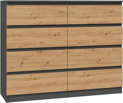 CDF Kommode Malwa M8 120 | Farbe: Anthrazit - Eiche Artisan | Schrank für Dokumente, Kleinigkeiten | Ideal für Wohnzimmer, Schlafzimmer, Kinderzimmer, Jugendzimmer und Büro | 8 geräumige Schubladen