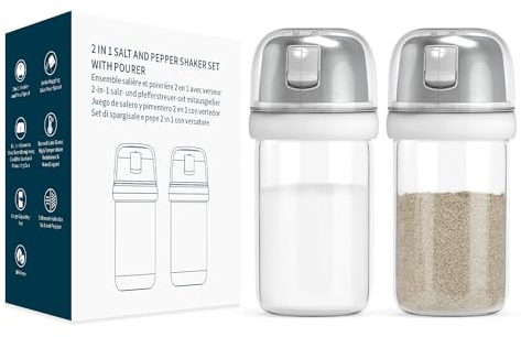 KTCHENDAO Salière et poivrière 2 en 1 en verre avec bec verseur latéral, couvercle intégré pour résister à l'humidité, élégant distributeur de sel et poivre en verre borosilicate pour cuisine, sans