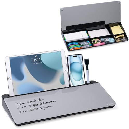 Varhomax Schreibtisch-Whiteboard aus Glas mit Trockenabwischfunktion, Desktop-Whiteboard mit Aufbewahrung, To-Do-Liste, Notizblock, Schreibtisch-Begleiter und Tastaturständer (Schwarz/Grau)