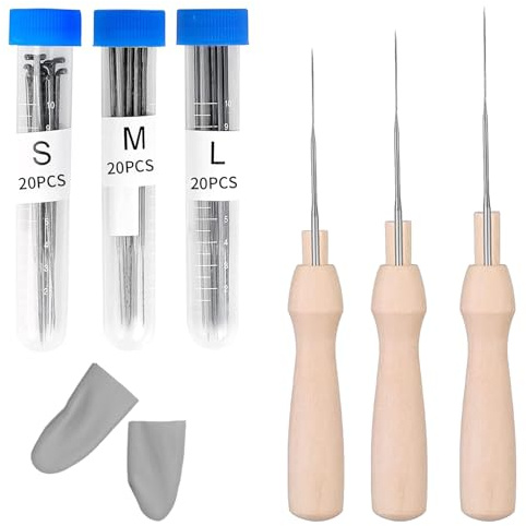 Txeouse Agujas de Fieltro Kit Aguja de Fieltro de Lana 3 Tamaños Herramientas de Fieltrar con 3 Mangos de Madera, 3 Botellas Transparentes y 2 Cuero de Dedo para Bricolaje Trabajo de Parche