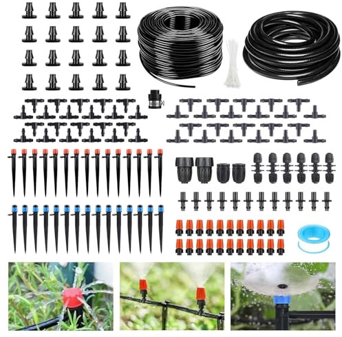 256FT Drip Irrigation System Kit, 163PCS Automatic Garden Watering Misting System with 1/4 Distribution & 1/2 Hose Tubing and Accessories for Greenhouse, Yard, Lawn, Plant