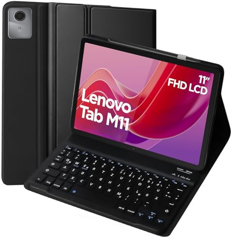 Hülle mit Tastatur für Lenovo Tab M11 11 Zoll 2024 (TB330FU/TB330XU), Tastaturs Hülle für Lenovo Tab M11(QWERTZ), Schutzhülle mit Pencil Halter Wireless Abnehmbare Bluetooth Tastatur, Schwarz