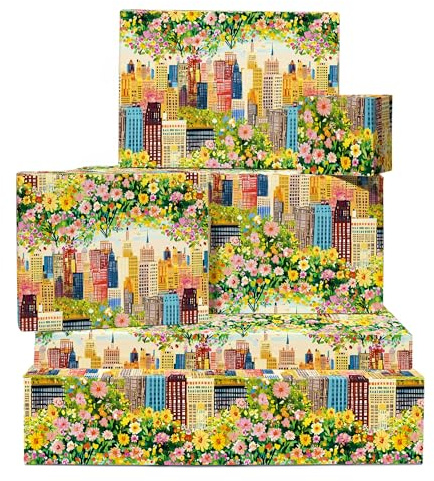 Papel de regalo flores - Verano en Nueva York - 6 hojas de papel de regalo para mujer - Cumpleaños, bodas, vacaciones - Viene con pegatinas - Reciclable - Por Central 23