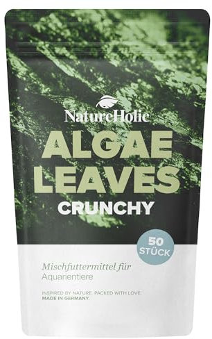 NatureHolic Crunchy Leaves | 100% Algen Platten | Natürliches Premiumfutter für Zierfische, Garnelen, Schnecken & Krebse im Süß- und Meerwasseraquarium | Mit Vitaminen & Spurenelementen | 50 Stück