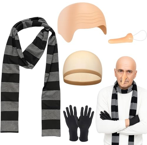 BFSYRR Bald Cap, Gru Costume, 5 Pcs Carnival Costume Accessories Include Bald Head Cap Scarf Long Nose Hair Nets Gloves, Gru Halloween Costumes for Carnival Fancy Dress, Cosplay and Stage Performance