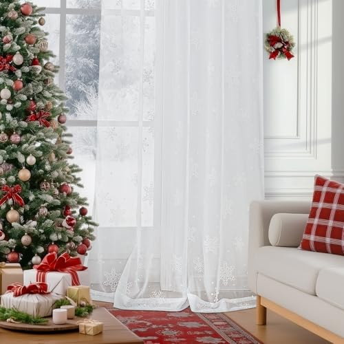 FMFUNCTEX White Sheer Snoflake Christmas Curtains for Bedroom, Snow Curtains 72 Inches Long for Living Room, Holiday Winter Window Curtains, Xmas Decor Curtain Light Filtering Rod Pocket 2 Panels Set