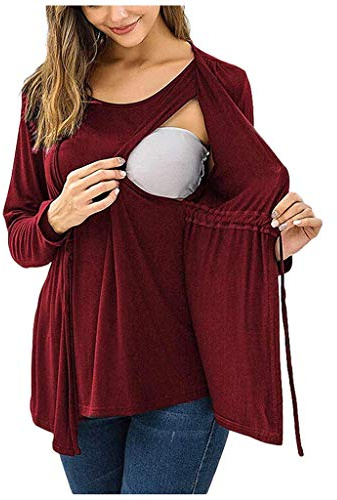 Maglia a doppio strato a maniche lunghe, da donna, per l'allattamento al seno, camicetta premaman