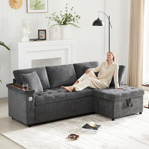 Wyibwy Divano angolare a L con porta USB Type-C,divano letto con funzione letto e letto estraibile,divano trasformabile a 3 posti con vano contenitore e bracciolo,cuscini,ciniglia,Grigio scuro