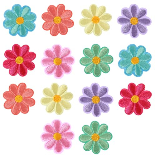 14 stycken patchar att stryka, blommor strykbilder för textilier, tygmärken för strykning, 4 cm färgglada tusenskönor stryklappar tygblommor för kläder, mössor, jeans, gör-det-själv (7 färger)