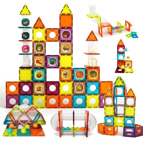 Magnetic Tiles 145 Piece Set Strong Magnetic Blocks Marble run Magnet Tiles for Kids Magnetic Building Blocks Construction Toys Magnet Toys for 3 4 5 6 7 Year Old Boys Girls magnetic tiles for kids