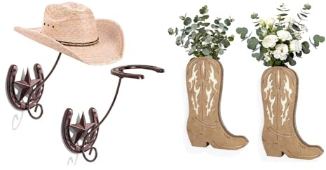 HYDERMUS Cowboy Hat Rack for Wall Rustic Metal Cowboy Hat Holder 2 Pack Hat Hanger Western Decor Horseshoe Hooks, Western Cowboy Boot Wall Planter Farmhouse Decor Wooden Boots