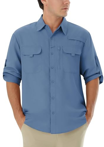 Camisa Hombre Outdoor UPF 50+ Manga Larga Protección Solar Viaje Casual | Camisa técnica repelente al agua y transpirable UPF 50+, ideal para senderismo, pesca, camping, viajes, montaña y trekking