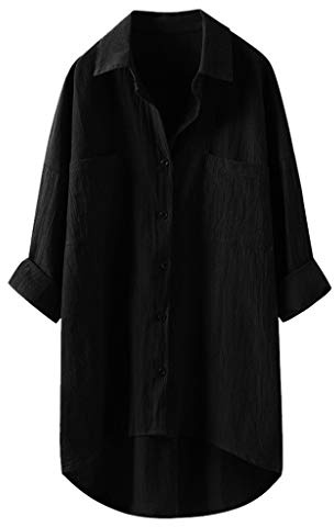 Générique Tee Shirt Femme Bouton Casual Long Down Tops en lin Chemisiers Chemises à manches pour femmes Chemisier pour femmes (Black, S)